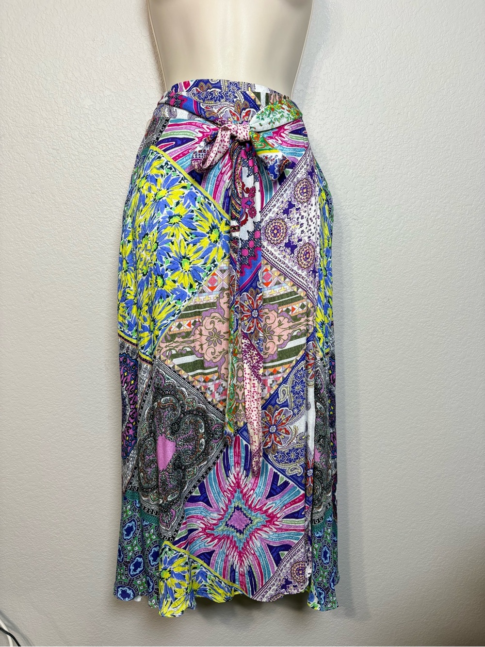 Hale Bob Vibrant Colorful Floral‎ and Patchwork Midi Wrap Skirt S